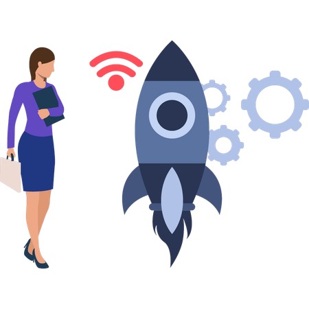 Employee communicates with rocket through wifi network  Illustration