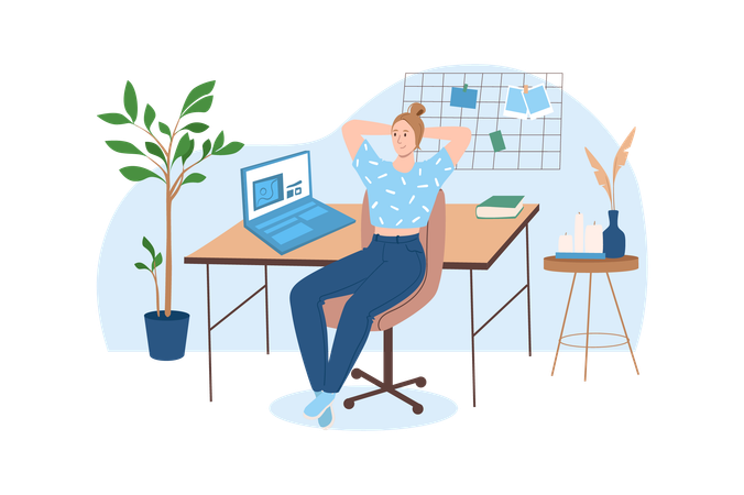 Employee completes different tasks in her work place  イラスト