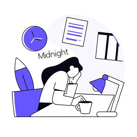 Employee Completes Her Work Till Late Night  Illustration