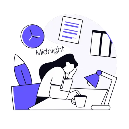 Employee Completes Her Work Till Late Night  Illustration