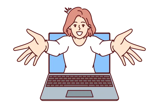 Cheerful Woman Looks Out Of Laptop With VR Effect Of Virtual Reality And Spreads Arms To Sides Wanting To Hug You Laptop With Positive Girl From Internet Advertising On Website Or In Software Illustration