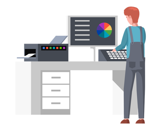 Employee controls print process in polygraphy with computer  Illustration