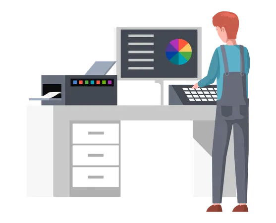 Employee controls print process in polygraphy with computer  Illustration