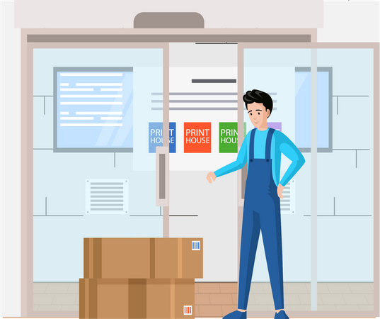 Employee counts boxes with printed material Illustration