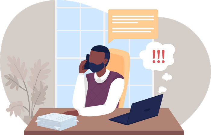 Employee distracted by call while work from home Illustration