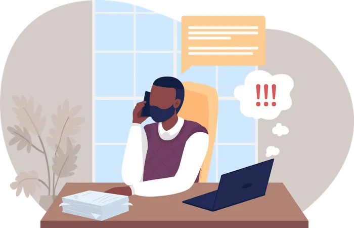 Employee distracted by call while work from home Illustration