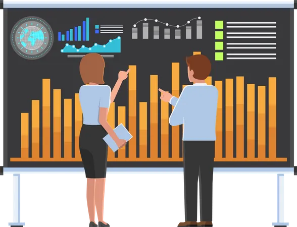 Businessman And Businesswoman Analysis Business Chart On Board Business And Financial Data Analysis Concept Illustration