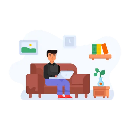 Person Working From Home Sitting On A Couch With Easy Posture Flat Illustration Illustration