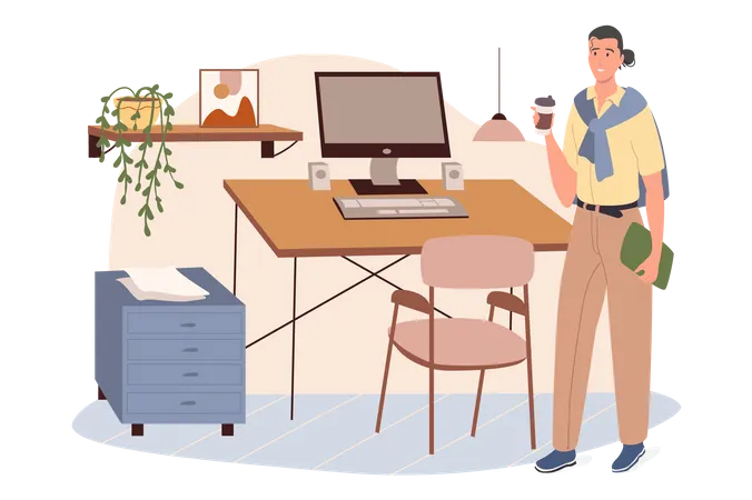 Workplace Web Concept Woman Drinking Coffee Standing Near Desktop With Computer Businesswoman Working In Comfortable Office People Scenes Template Vector Illustration Of Characters In Flat Design Illustration