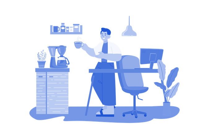 Employee Drinking Coffee While Working From Home  Illustration