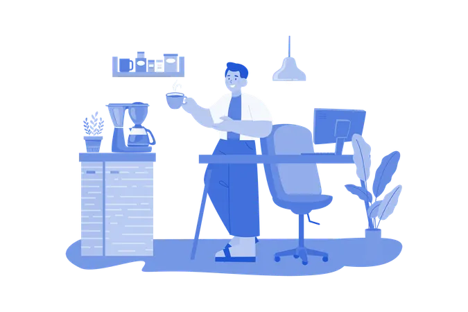 Employee Drinking Coffee While Working From Home Illustration