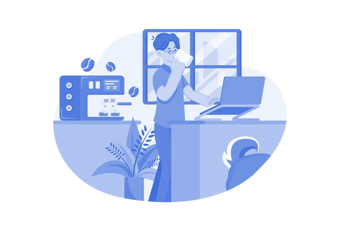 Employee Drinking Coffee While Working From Home Illustration