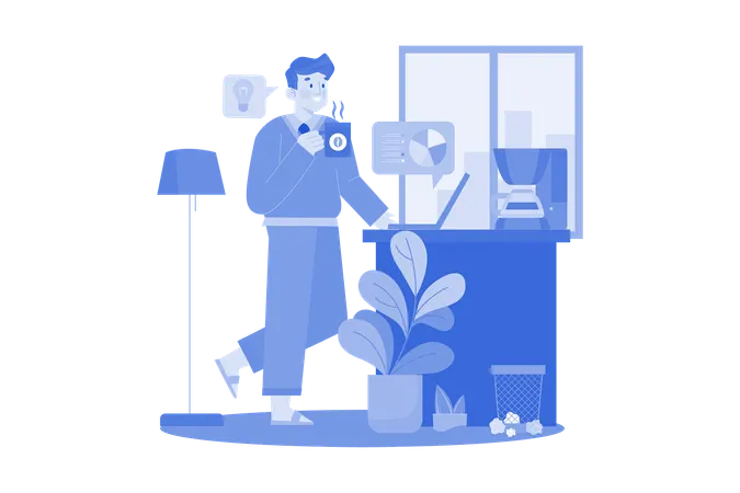 Employee Drinking Coffee While Working From Home  Illustration