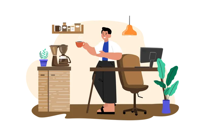 Employee drinking coffee while working from home Illustration