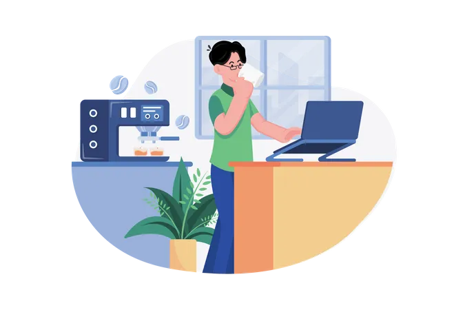 Employee drinking coffee while working from home  Illustration