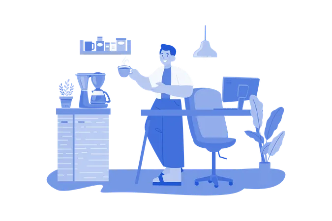 Employee Drinking Coffee While Working From Home  Illustration