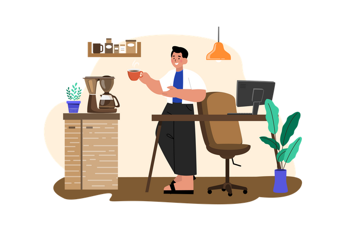 Employee drinking coffee while working from home  Illustration