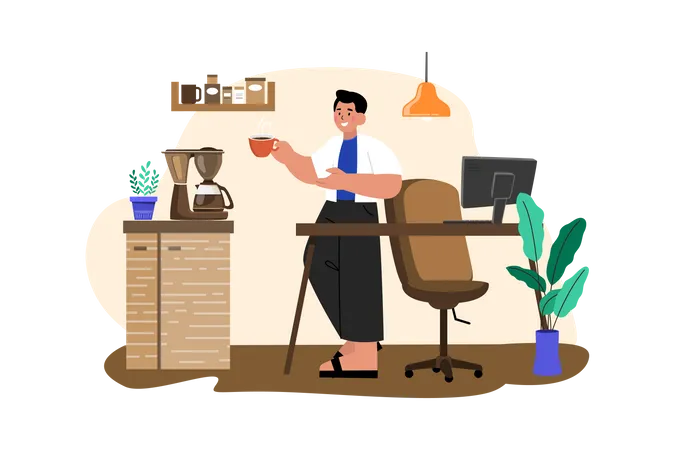 Employee drinking coffee while working from home  Illustration