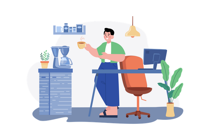 Employee drinking coffee while working from home  Illustration