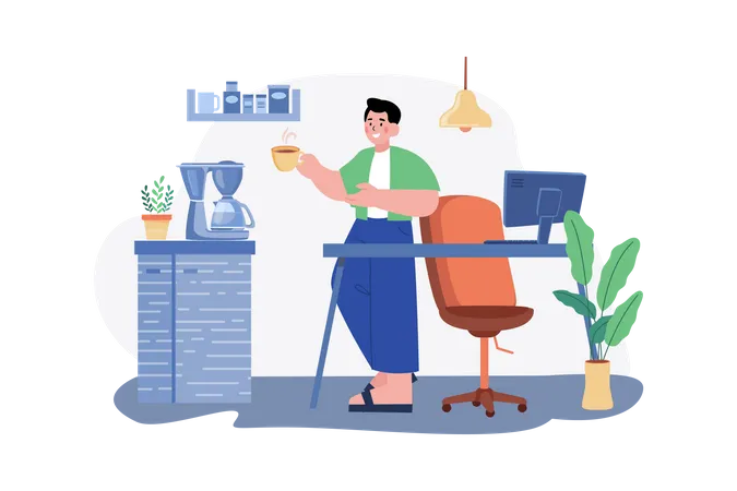 Employee drinking coffee while working from home  Illustration