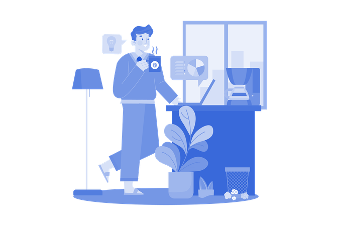 Employee Drinking Coffee While Working From Home  Illustration