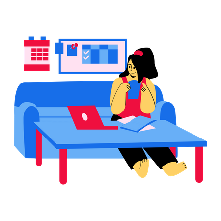 Employee drinking coffee while working from home  Illustration