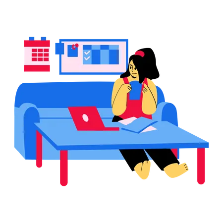 Employee drinking coffee while working from home  Illustration