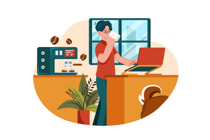 Employee drinking coffee while working from home  Illustration