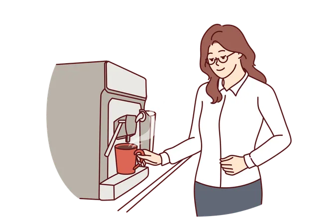 Businesswoman Pouring Coffee Into Mug From Espresso Machine During Lunch Break In Office Young Girl In Formal Wear Takes Coffee Break To Gain Energy And Work Overtime In Order To Meet Deadlines Illustration