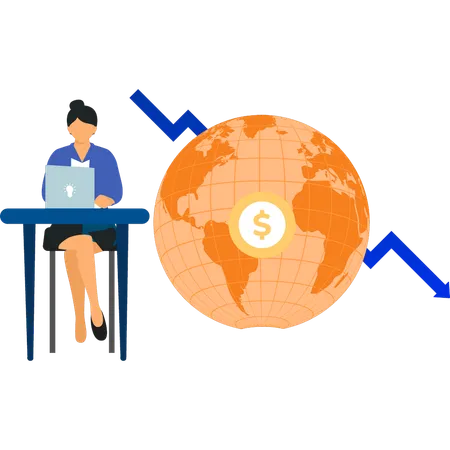 Girl Working On Laptop On Global Downtrend Illustration