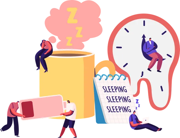 Fatigue Concept Tiny Male And Female Exhausted Characters At Huge Coffee Cup Liquid Watches Of Salvador Dali Low Battery Power And Sheet With Sleep Writing Cartoon People Vector Illustration Illustration