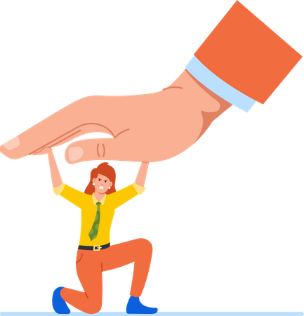 Employee Female Resist Huge Boss Hand Push Her Down Symbolizing The Power Dynamic In Workplace  Illustration
