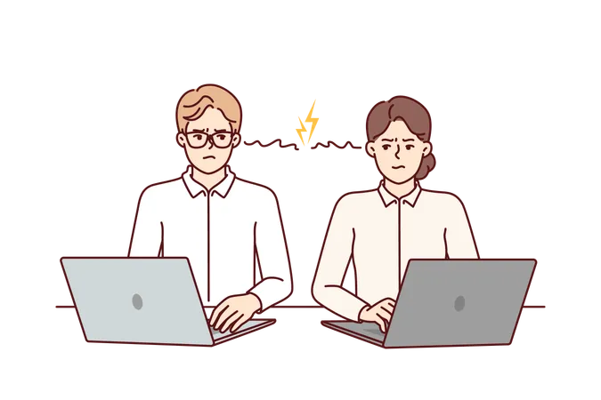 Colleagues With Laptops Angry At Partner After Problems In Project Or Quarrel Related To Choice Leader Two Angry Office Workers Feel Anger Towards Colleagues And Need Help Of Corporate Psychologist Illustration