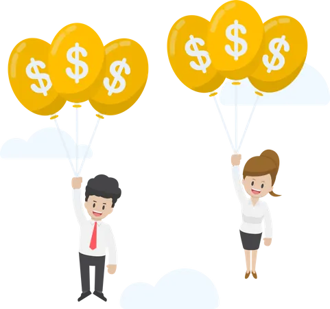 Businessman And Businesswoman Flying With Dollar Balloon Financial Concept Illustration