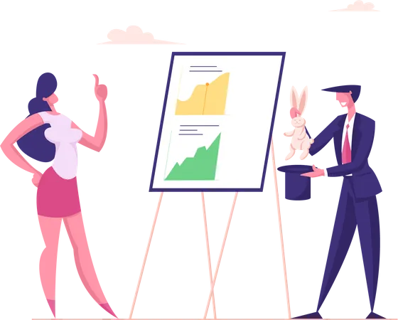 Skilled Businessman Wizard Demonstrate To Businesswoman Magical Trick With Rabbit And Top Hat Front Of Chart Board With Data Analysis Graphs Business Magic Concept Cartoon Flat Vector Illustration 일러스트레이션