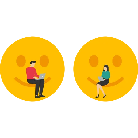 Employee Happiness Concept Job Satisfaction Or Company Benefits Happy Workplace Or Positive Attitude Work Motivation Happy Businessman And Woman Holding Smiley Face Symbol At Happy Workplace Illustration