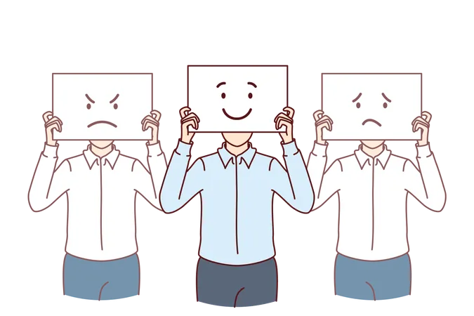 Business People With Different Emotions Depicted On Posters Hiding Faces Symbolize Lack Of Unanimous Opinion Among Team Men In Office Clothes And Showing Banners With Bad Or Good Emotions Illustration