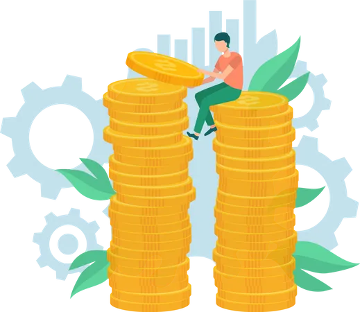 Person Holding Money Saving Currency Worker And Income Man With Coins Decorated By Graph Leaves And Ting Symbols Employee And Currency Vector Illustration
