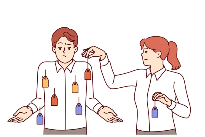 Woman Boss Tagging Confused Man Employee For Concept Of Using Stereotypes For Personnel Management Girl Puts Price Tags On Guy Shirt Making Colleague Confused And Feel Uncomfortable イラスト