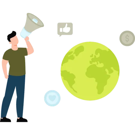 A Boy With A Megaphone Is Announcing About Global Advertising Illustration
