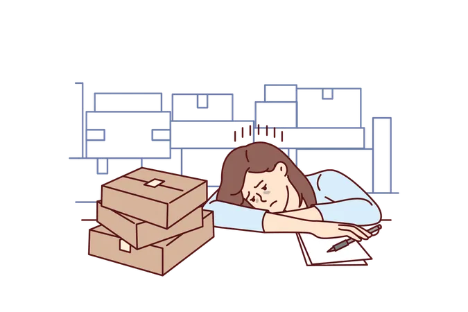 Upset Girl Near Cardboard Boxes Works In Warehouse Or Logistics Company And Falls Asleep Sitting At Table Tired Woman Feels Lack Of Motivation To Work In Warehouse Or Fulfillment Industry Illustration