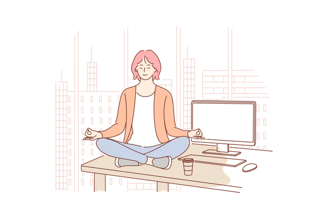 Break Rest Yoga Meditation Relax Business Concept Young Businesswoman Leader Clerk Manager Sits On Work Table In Office Recreation After Work Process Stress Illustration