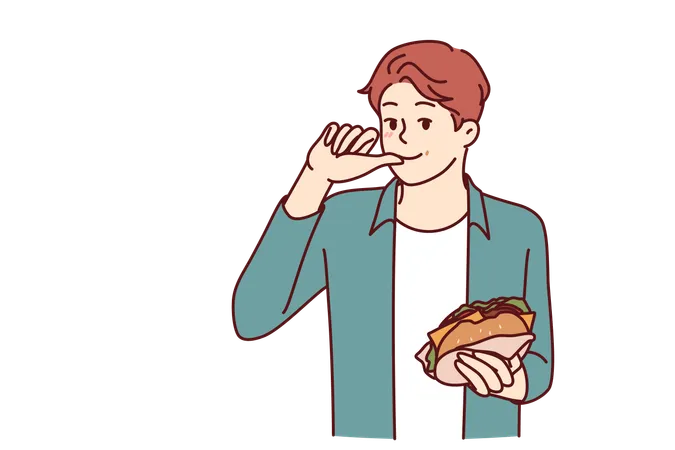 Man With Burger Licks Fingers And Enjoys Reception Of Fast Food Bought In Street Restaurant Or Ordered For Delivery Smiling Guy Holding Tasty Cheese Burger While Eating Sandwich With Cutlet Illustration