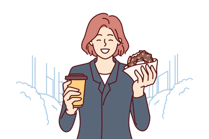 Employee is enjoying her donut in break time  Illustration