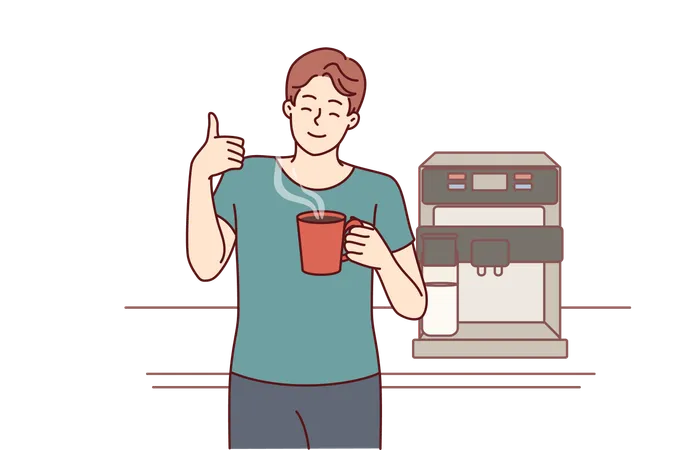 Man Drinks Coffee From Mug Standing Near Machine For Making Delicious Espresso And Shows Thumbs Up Young Guy Takes Coffee Break To Cheer Up And Increase Productivity Or Stay Awake Doing Tedious Work Illustration