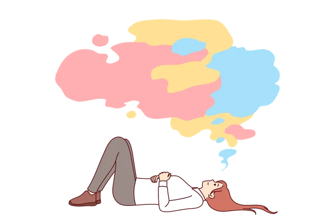 Business Woman Procrastinates Lying On Back Under Multi Colored Cloud And Not Wanting To Start Working And Developing Girl Office Employee Procrastinates Due To Lack Of Ambition Or Motivation Illustration