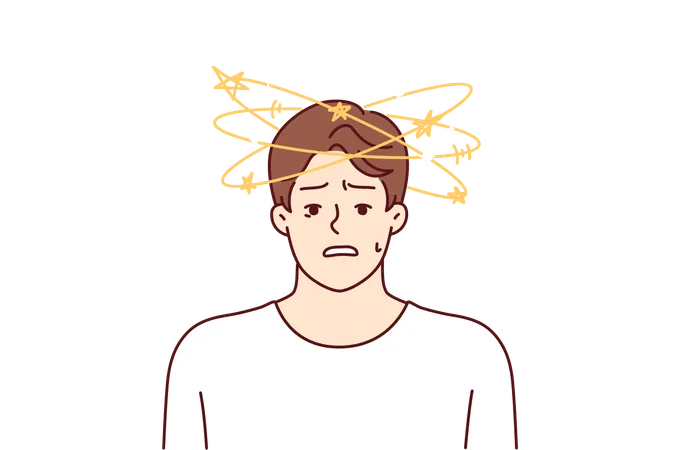 Man With Dizziness And Stars Flying Around Head Looks At Camera In Confusion After Blow Or Fall Confused Young Guy With Dizziness Suffers From High Blood Pressure And Health Problems Illustration