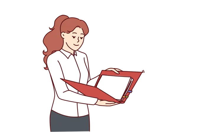 Woman Is Holding Folder With Documents Reading Report From Employees Or Preparing For Business Presentation Girl In Business Clothes Is Engaged In Paperwork Working As Secretary In Large Corporation Illustration