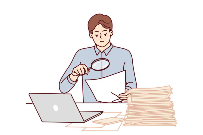 Employee is inspecting document sincerely  Illustration
