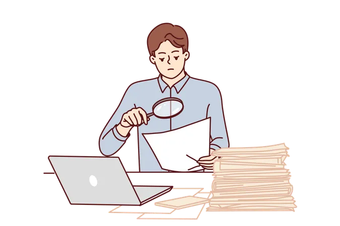 Man Tax Inspector Is Sitting In Office Doing Paperwork Using Magnifying Glass To Check Contract Financial Auditor Guy Does Paperwork Controlling Legal Purity Of Transaction And Correctness Reports Illustration
